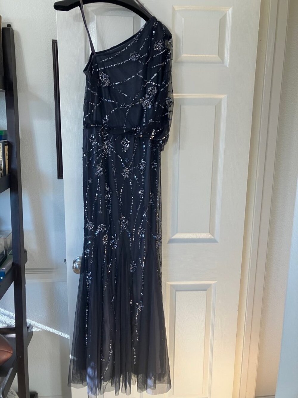 Women's charcoal beaded evening gown